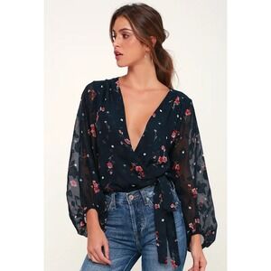 ASTR The Label Jill Navy Blue Floral Print Polka Dot Long Sleeve Bodysuit XS